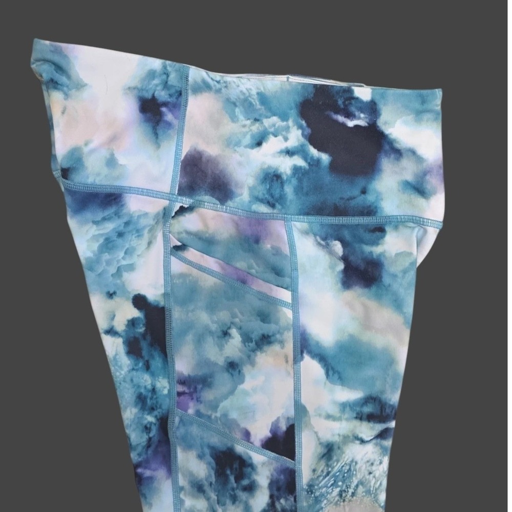 Gaiam Womens High Waisted Yoga Leggings Blue Purple Watercolor Print Pockets S - Picture 2 of 11